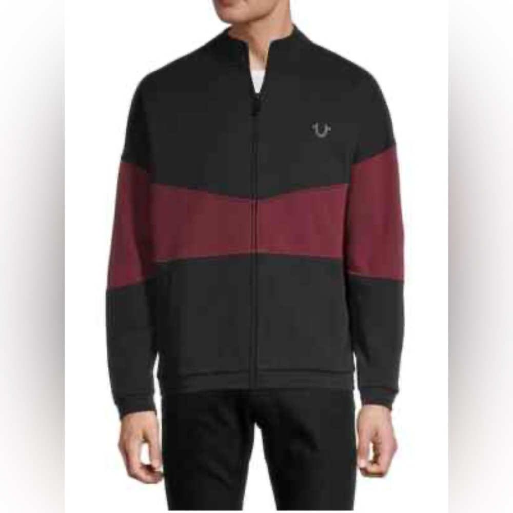 NWT True Religion Full Zip Fleece Track Jacket Mens Sz. S Onyx-Burgundy/ Pockets